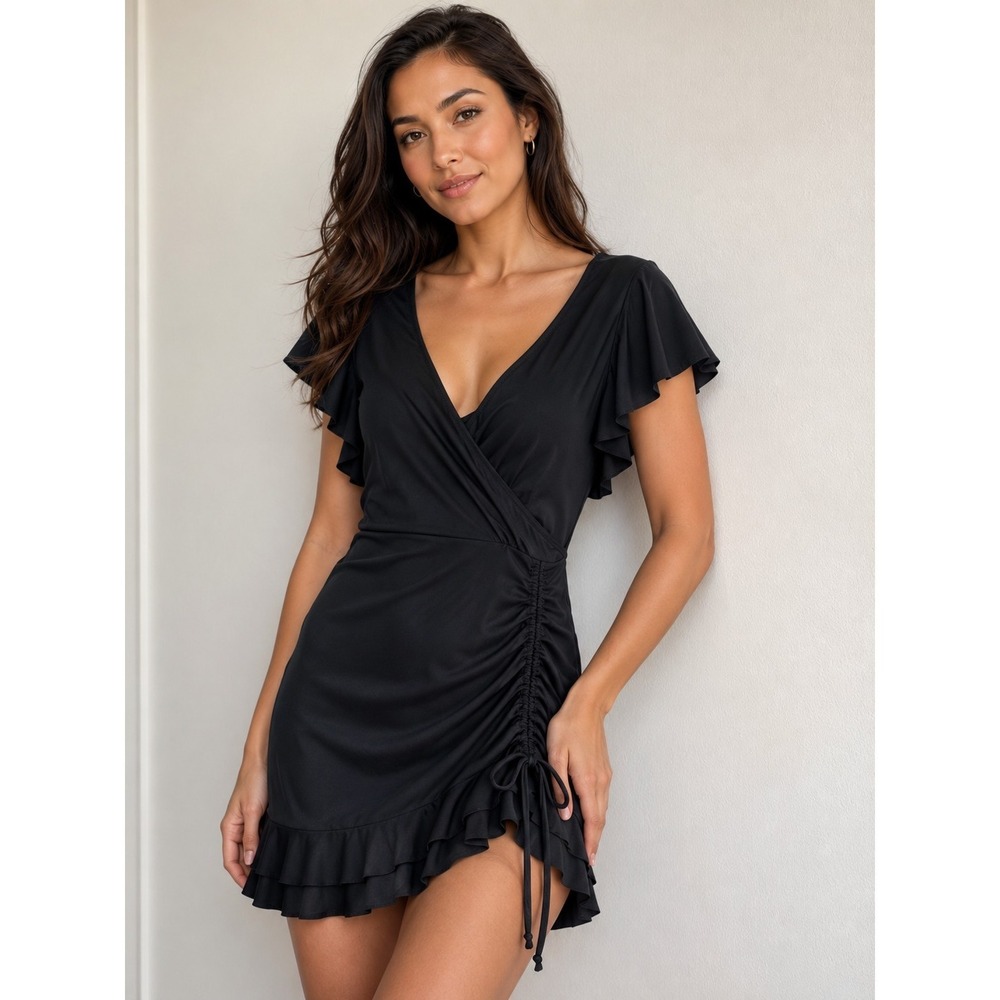 Blooming Jelly Womens Black V Neck Flutter Sleeve Ruched Swim Dress Size 3XL